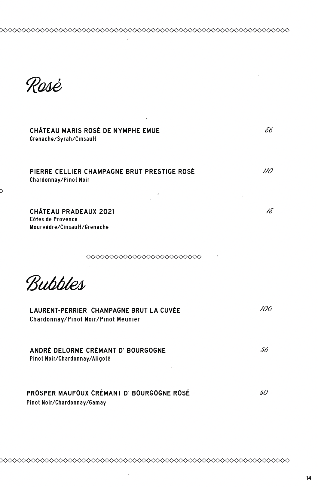 Fine Wine Collection Menu