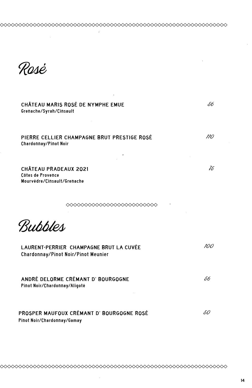 Fine Wine Collection Menu