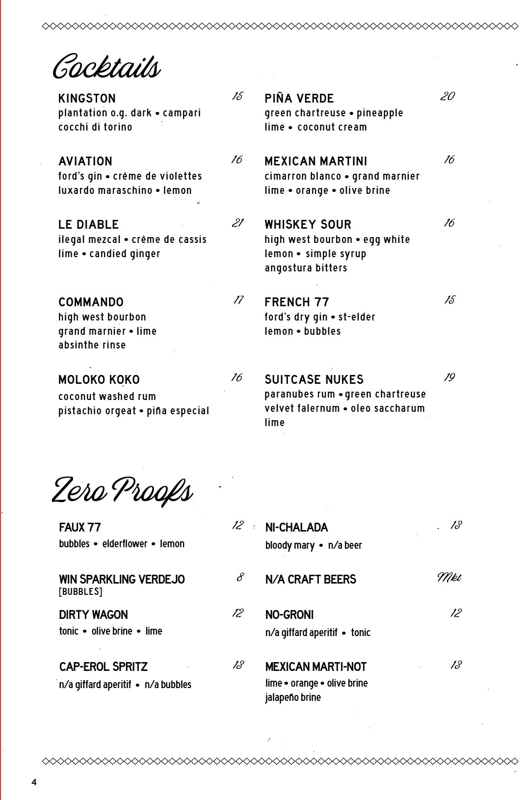 Exotic Cocktails Menu